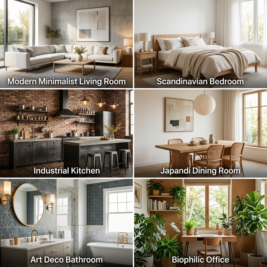 Six different interior design styles available in HomeRedo AI